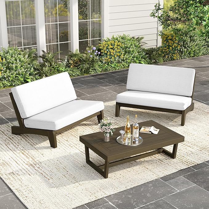 3 Piece Outdoor Wood Patio Loveseat Bistro Set, Wooden Conversation Patio Table and Chairs Furniture Set with Coffee Table for Porch Balcony Deck Backyard