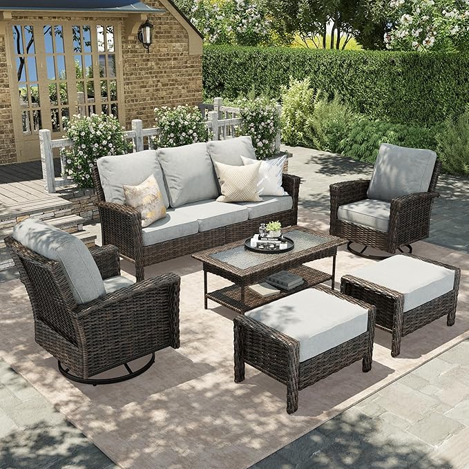 HERA'S HOUSE Gray Patio Furniture Set, Outdoor Sectional Seating Furniture, 35" High Back Swivel Wicker Chairs with 5.5" Thick Cushions, 6-Piece Patio Conversation Sofa Sets for Deck Lawn Backyard