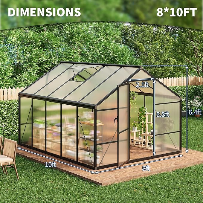 8X10FT Outdoor Greenhouse, Aluminum Polycarbonate House, Green Houses for Outside with Sliding Doors, Ajustable Roof Vent, Withstands Bad Weather for Garden, or Backyard, Black