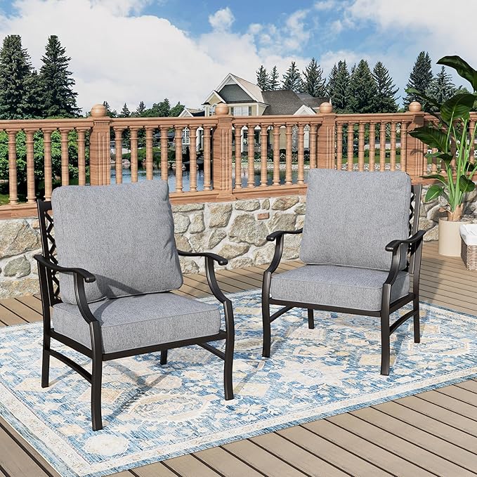 Patio Chairs Set of 2, High Back Outdoor Patio Metal Leg Chairs with 5.75" Thick Cushions for Bistro Balcony Porch Deck and Yard, Grey