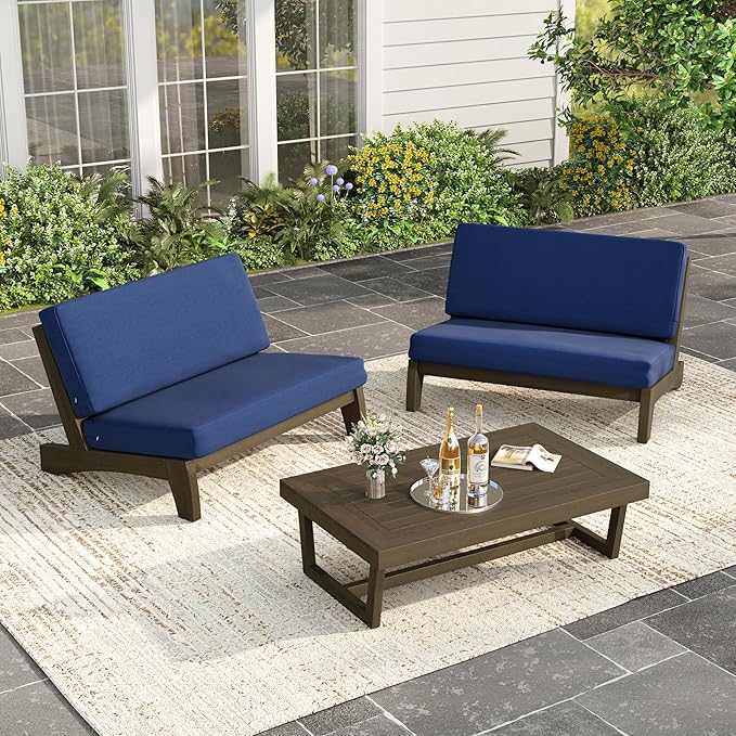 3 Piece Outdoor Wood Patio Loveseat Bistro Set, Wooden Conversation Patio Table and Chairs Furniture Set with Coffee Table for Porch Balcony Deck Backyard