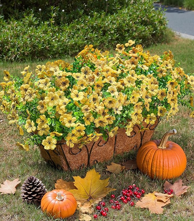 florisso Artificial Fake Fall Yellow Mums Flowers Plants for Outdoor Outside, 12 Bundles Autumn Faux Silk Daisy UV Resistant Realistic for Porch Patio Home Window Box Yard Garden Planter