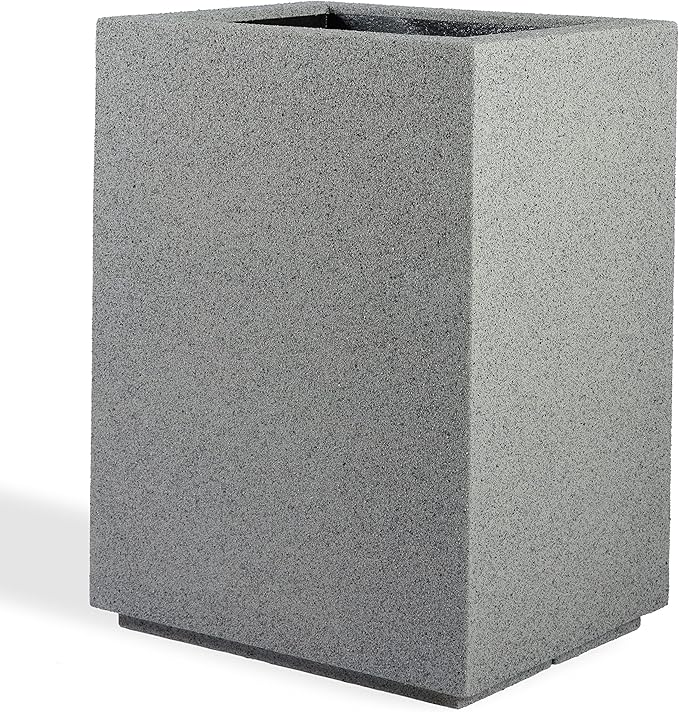 PolyStone Cozumel Tall Modern Outdoor/Indoor Column Planter, 18" L x 23" W x 30" H, Lightweight, Heavy Duty, Weather Resistant, Polymer Finish, Commercial Grade and Residentia (Gray Granite)