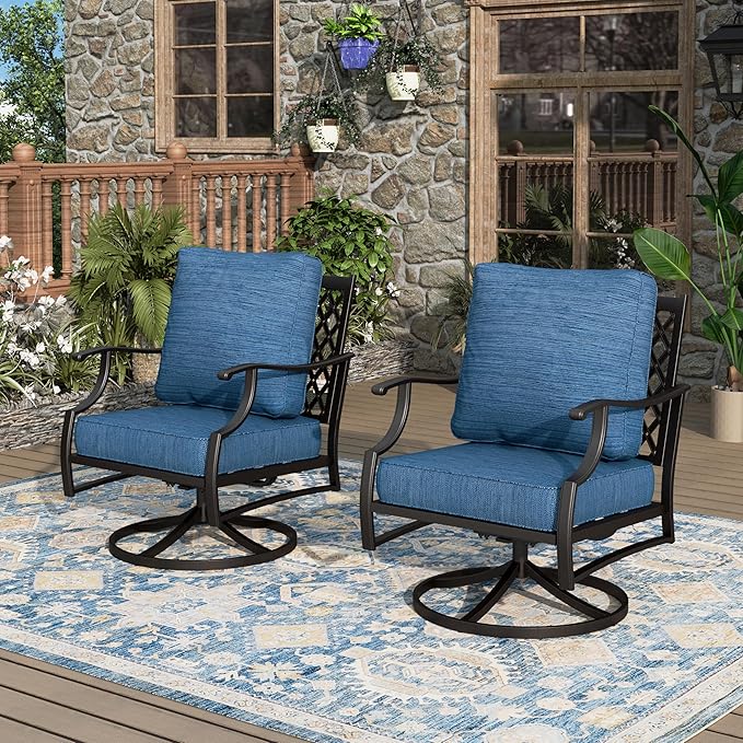 Swivel Patio Chairs Set of 2, High Back Outdoor Swivel Patio Metal Chairs with 5.75" Thick Cushions for Bistro Balcony Porch Deck and Yard, Peacock Blue