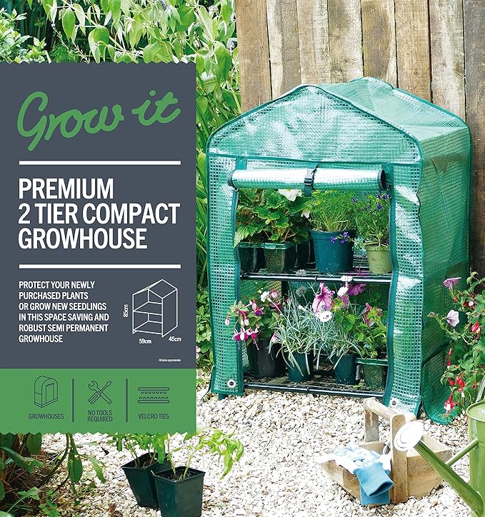 KINZZY Premium 2 Tier Portable mini Greenhouse with Heavy Duty PE Cover Plus Reinforced Shelving Within 33 lbs Weight Capacity, 23 X 18 X 34 Inch