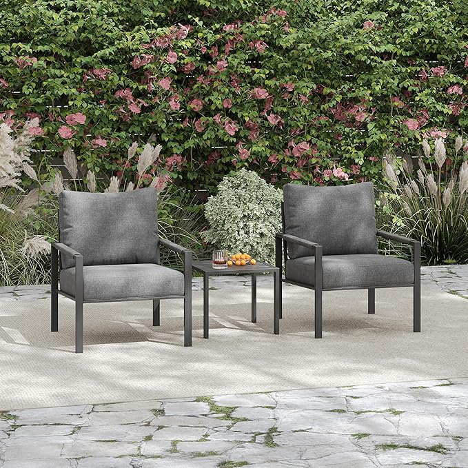 3 Pieces Rattan Outdoor Furniture Set, All-Weather Patio Conversation Set with Dark Grey Cushions and Coffee Table for Garden, Backyard, Balcony, Poolside