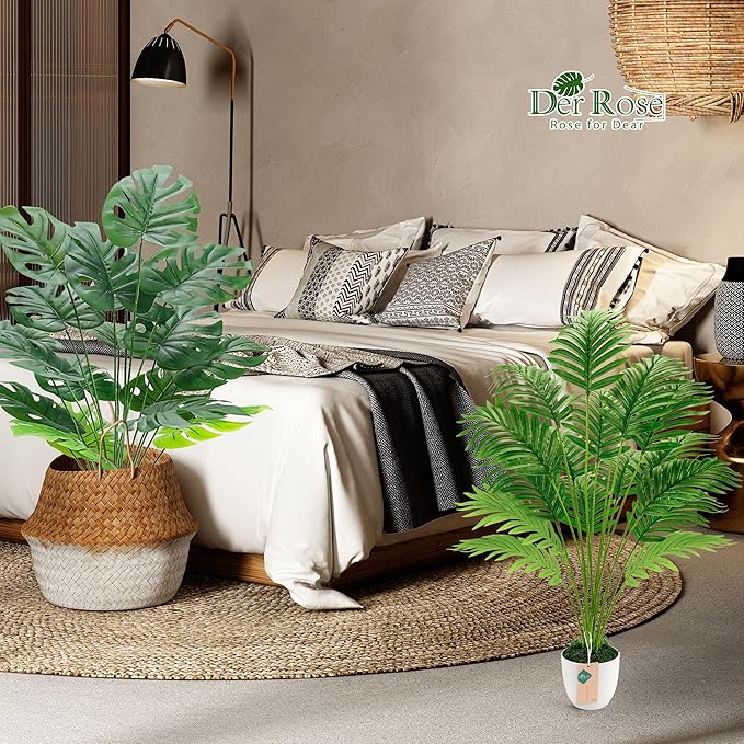 Der Rose 2Pcs Fake Plants 28'' Large Artificial Palm Tree and Faux Plants Indoor Tall in White Pots for Home Office Bathroom Patio Floor Outdoor Decor
