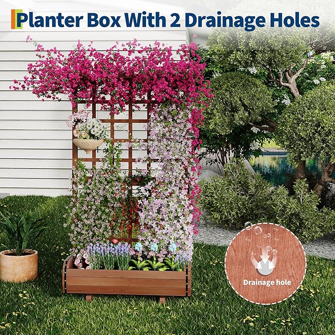 GarveeLife 67" h Raised Garden Bed with Trellis & Roof - Wooden Planter Box with Drainage, Freestanding Outdoor Garden Box for Climbing Vines, Vegetables, Flowers - Perfect for Yard, Patio, Balcony