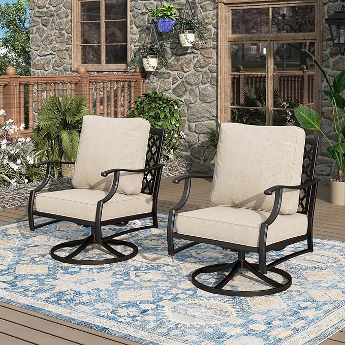 Swivel Patio Chairs Set of 2, High Back Outdoor Swivel Patio Metal Chairs with 5.75" Thick Cushions for Bistro Balcony Porch Deck and Yard, Beige