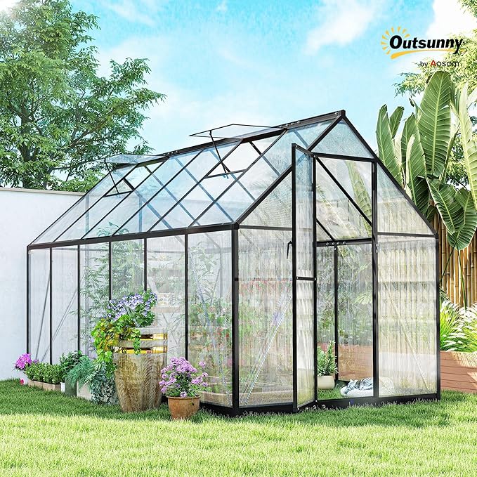 Outsunny 11x6 ft Polycarbonate Greenhouse with Swing Door and Two Adjustable Roof Vents, Aluminum Walk-in Greenhouse Outdoor Greenhouse for Patio Garden Backyard, Black