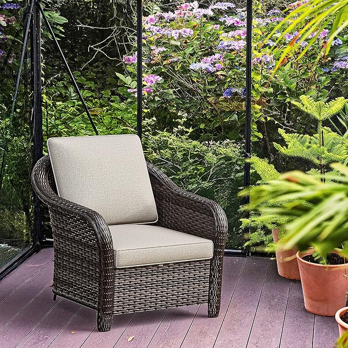 Patio PE Rattan Chairs Set of 2 with Cat Nest End Table, All-Weather & Steel Frame Outdoor Conversation Furniture Set with Washable Cushions for Garden, Bistro, Deck, Yard (Beige)
