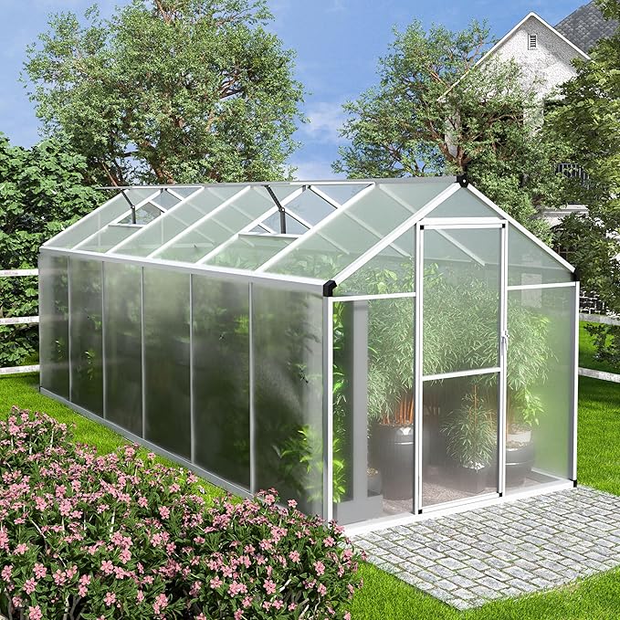 MUPATER 6 x 12FT Greenhouse for Outdoors, Heavy Duty Greenhouse with Lockable Door & Adjustable Roof Vent, Aluminum Green-House Kit with 4MM Polycarbonate Panel for Backyard, Garden, White