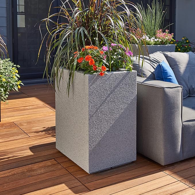 PolyStone Cozumel Tall Modern Outdoor/Indoor Column Planter, 18" L x 23" W x 30" H, Lightweight, Heavy Duty, Weather Resistant, Polymer Finish, Commercial Grade and Residentia (Gray Granite)