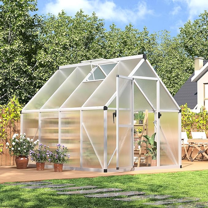 IDEALHOUSE 6x7 FT Greenhouse for Outdoors, Lockable Door and Ajustable Roof Vent, Polycarbonate Greenhouse with Windproof Aluminum Frame, Aluminum Walk-in Greenhouses, for Backyard, Lawn