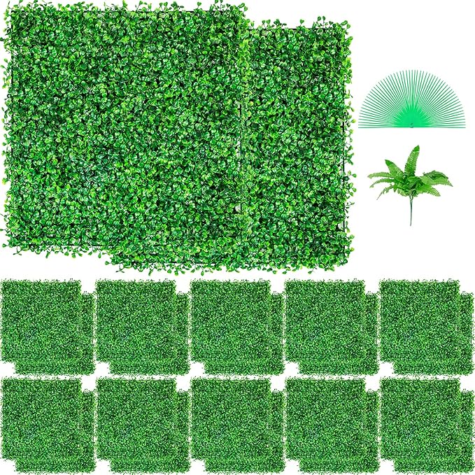 VEVOR Artificial Boxwood Panels 24pcs, 10 x 10 in Boxwood Hedge Wall Panel Artificial Grass Backdrop, 1.6 in Green Fake Grass Wall for Privacy Fence Decor Indoor Outdoor Garden Backyard