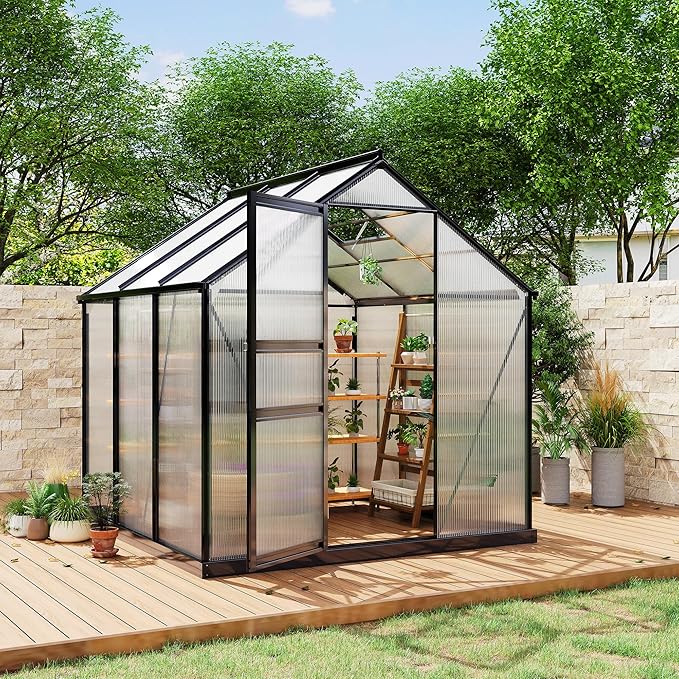 6*6 FT Outdoor Walk-in Greenhouse, Polycarbonate Green House, Heavy Duty Greenhouse with Vented Roof Window, Windproof Aluminum Frame, Suitable for Outside Gardening, Backyard, Patio