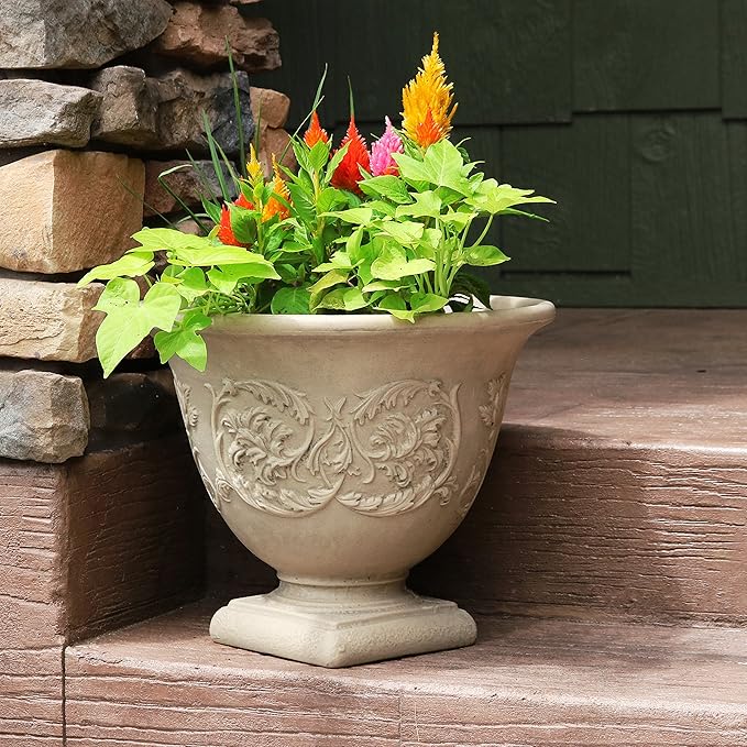 Sunnydaze 16-Inch Darcy Round Plant Pot - Polyresin Large Outdoor Urn Planter with Drillable Drainage Hole - Beige