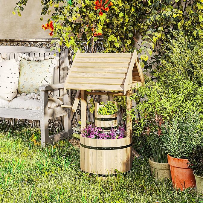 Outsunny Wooden Wishing Well Planter with Adjustable Hanging Bucket, Rustic Wishing Well for Outside, Decorative Flower Planter with Drainage Hole for Garden Patio, Natural Wood