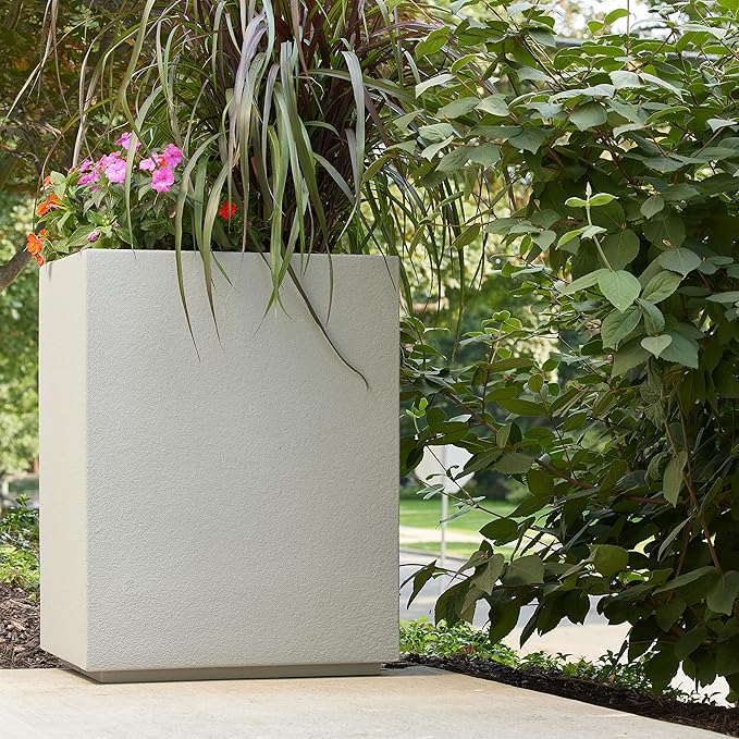 PolyStone Cozumel Tall Modern Outdoor/Indoor Column Planter, 18" L x 23" W x 30" H, Lightweight, Heavy Duty, Weather Resistant, Polymer Finish, Commercial Grade and Residentia (Concrete Gray)