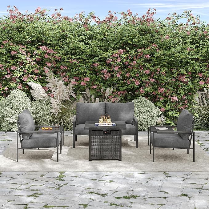 6 Pieces Rattan Outdoor Furniture Set, All-Weather Patio Conversation Set with Dark Grey Cushions, Coffee Tables and 28" Fire Pit Table