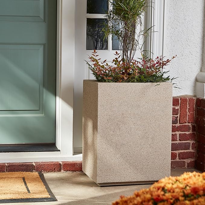 PolyStone Cozumel Tall Modern Outdoor/Indoor Column Planter, 23" L x 18" W x 30" H, Lightweight, Heavy Duty, Weather Resistant, Polymer Finish, Commercial Grade and Residentia (Sandstone Granite)