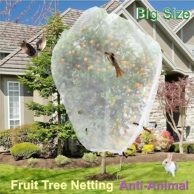 Fruit Tree Netting with Drawstring & Zipper (4 Pack 6.6x8Ft) - Reusable Plant Protection Bag, Heavy Duty PE Mesh Cover for Blueberry Bushes - Blocks Birds/Deer/Squirrels