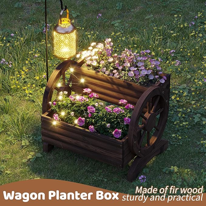 FILWH Wooden Wagon Planter Box for Indoor Outdoor Garden Planter Wood Planter Boxes Flower Planters Outdoor with Wheels Planter for Flowers Herbs Vegetables(Carbonized)