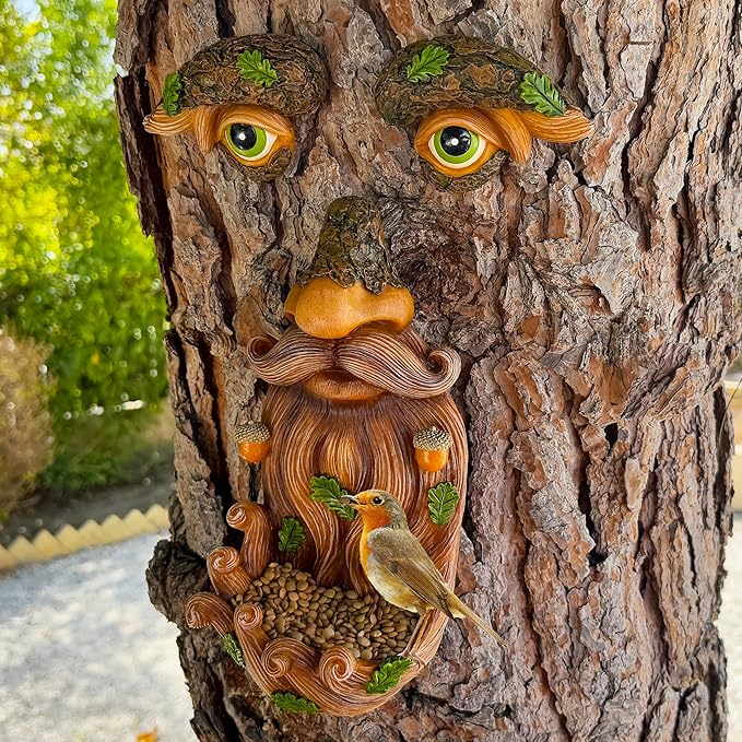 Mood Lab Tree Face Decor - Outdoor Bird Feeder with Acorns - Old Man Tree Face Garden Hugger Decoration