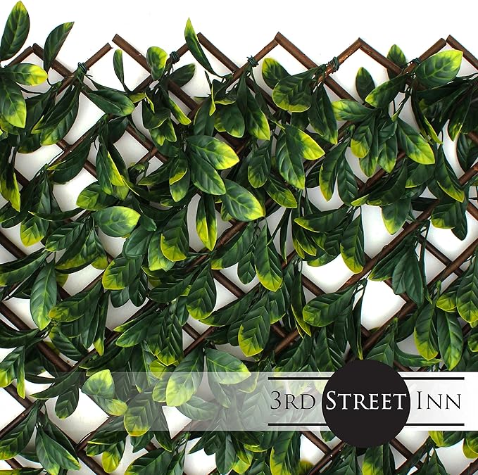 Laurel Leaf Expandable Faux Privacy Fence - Lattice Panels for Outside - Bamboo Wood Trellis/Wall Trellis for Artificial Green Wall (4)