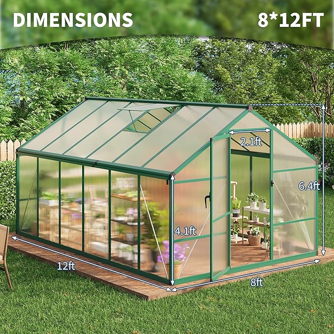 8X12 FT Outdoor Polycarbonate Greenhouse, Sturdy Aluminum Frame, Adjustable Roof Vent, Ideal for Backyard, Patio, or Garden, All-Weather Green House for Growing Plants and Vegetables